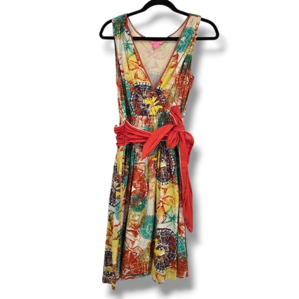 Pink Apple Multicolor Butterfly Mandala Cotton Dress Smocked Waist Red Sash L‎